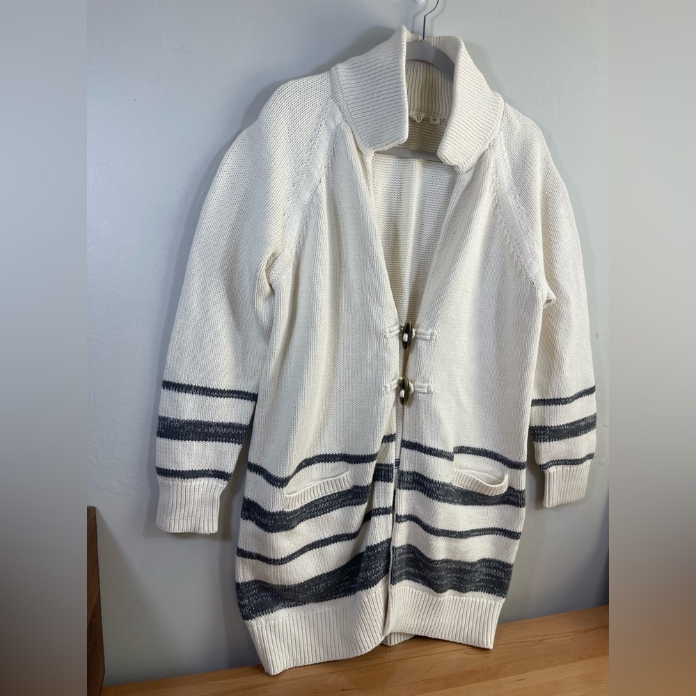 GAP Women’s White Navy Long Knit Cardigan Coastal Nautical Cotton Size L - Picture 2 of 11